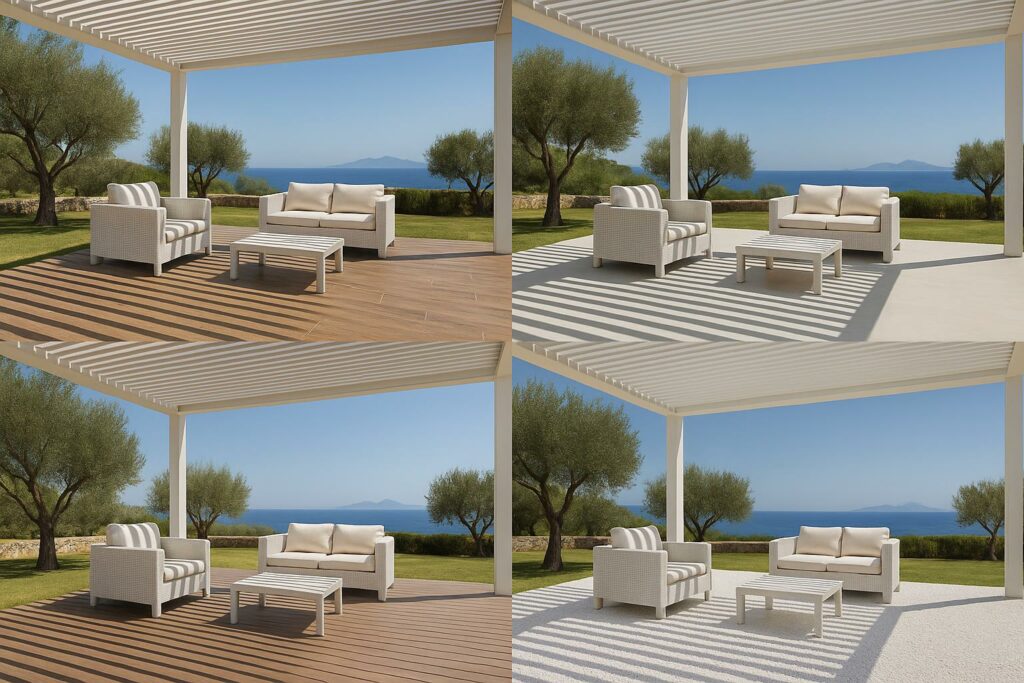 Choisissez votre sol suivant diffÃ©rents types de revÃªtement sous votre pergola bioclimatique en aluminium, sur-mesure, par l'entreprise Var-Pose-Alu