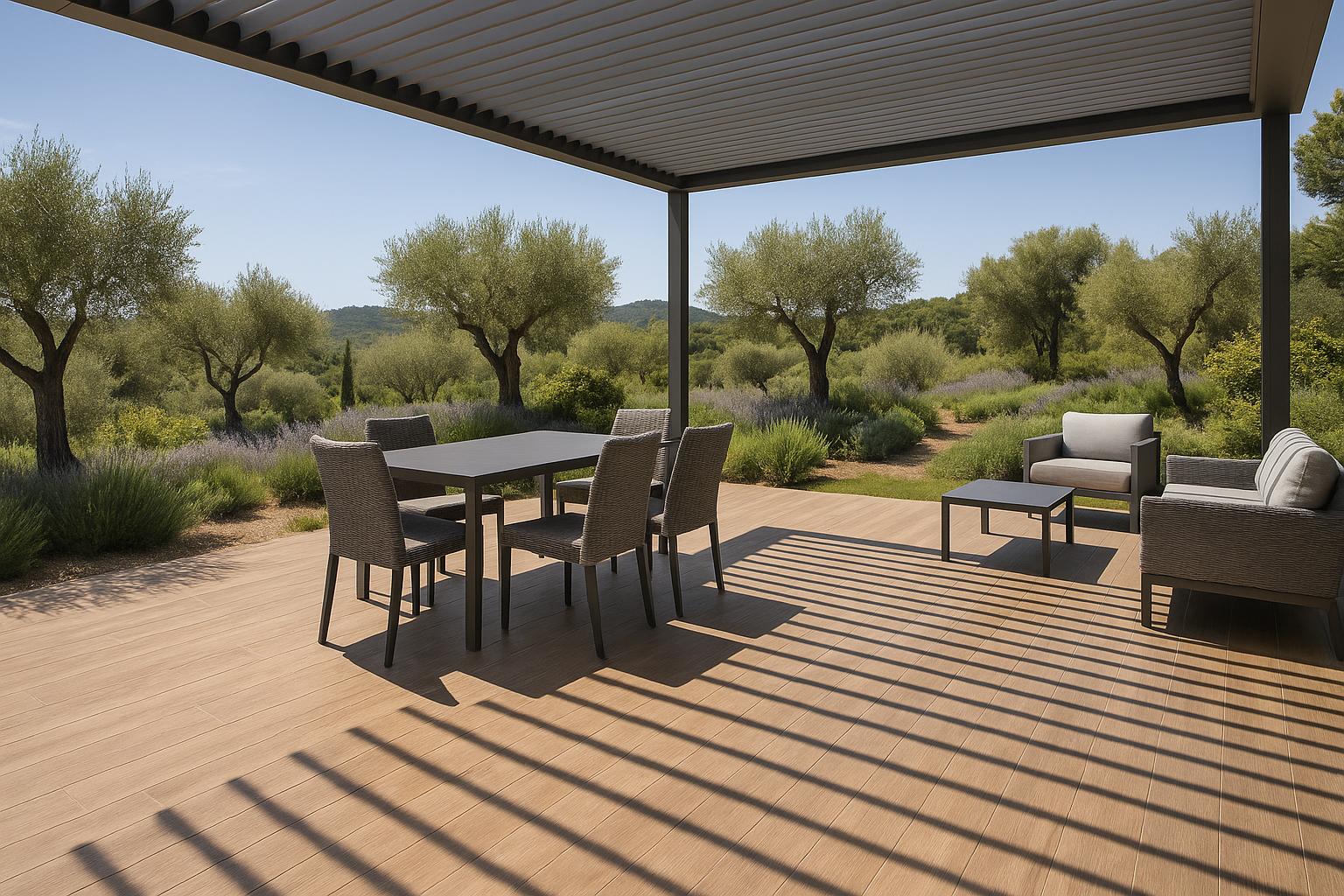 Carrelage extÃ©rieur posÃ© sous la terrasse sous une pergola anthracite en aluminium, fabriquÃ©e et posÃ©e par l'entreprise Var-pose-Alu