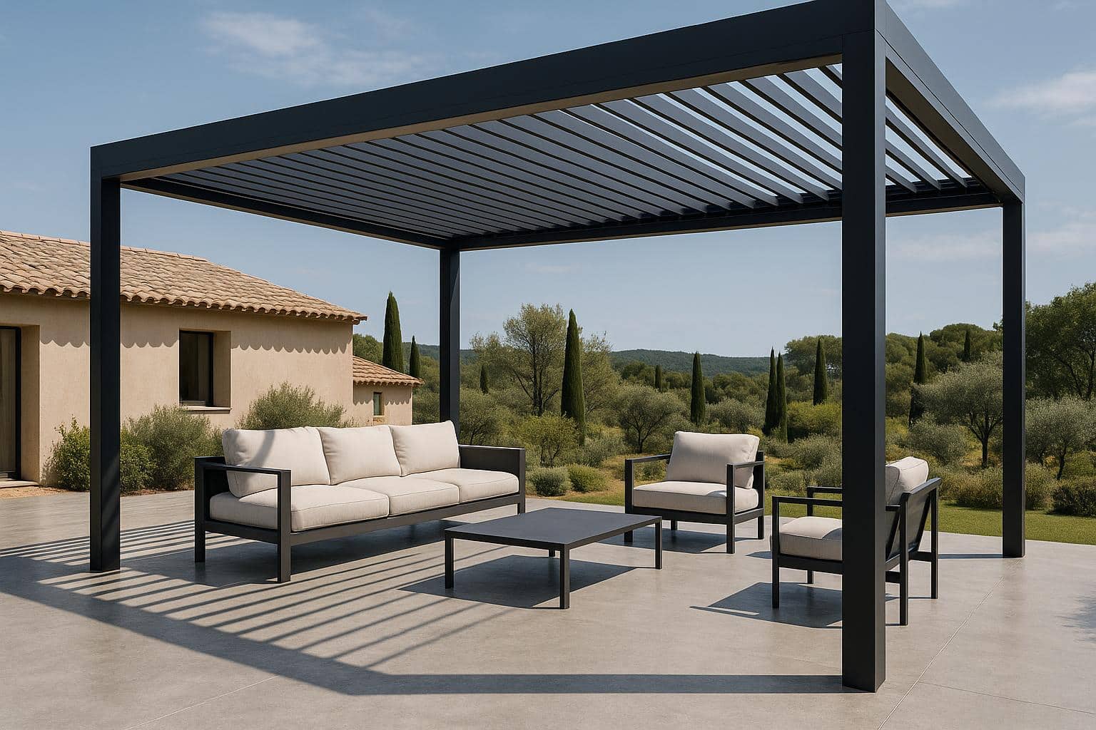 Une dalle bÃ©ton au sol comme revÃªtement sous une pergola aluminium sur-mesure, fabriquÃ©e et installÃ©e par Var-Pose-Alu dans le sud