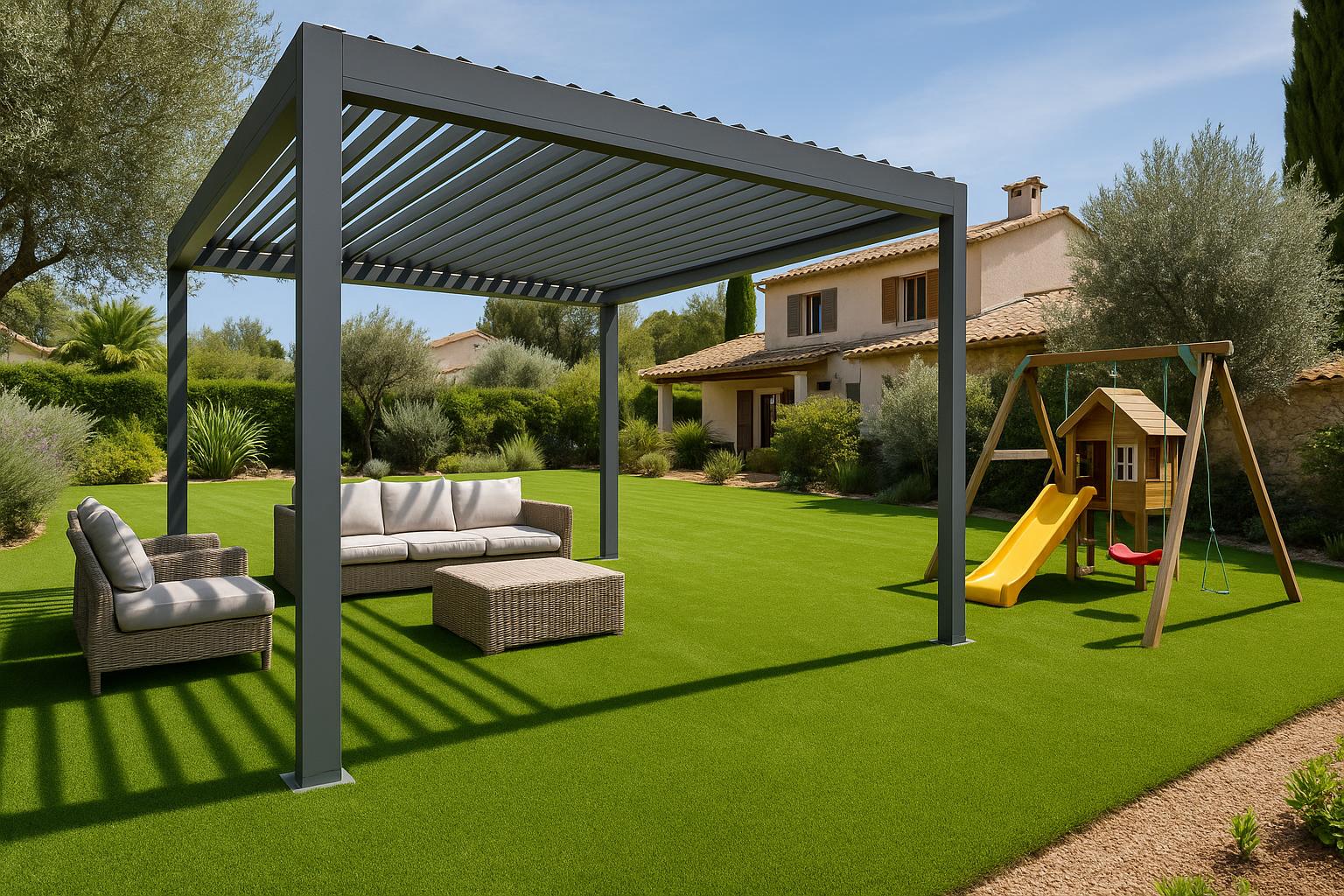 Un beau sol en pelouse ou gazon artificiel pour couvrir le sol sous une pergola haut-de-gamme en aluminium sur-mesure fabriquÃ©e localement made in france par l'entreprise varoise Var-Pose-Alu