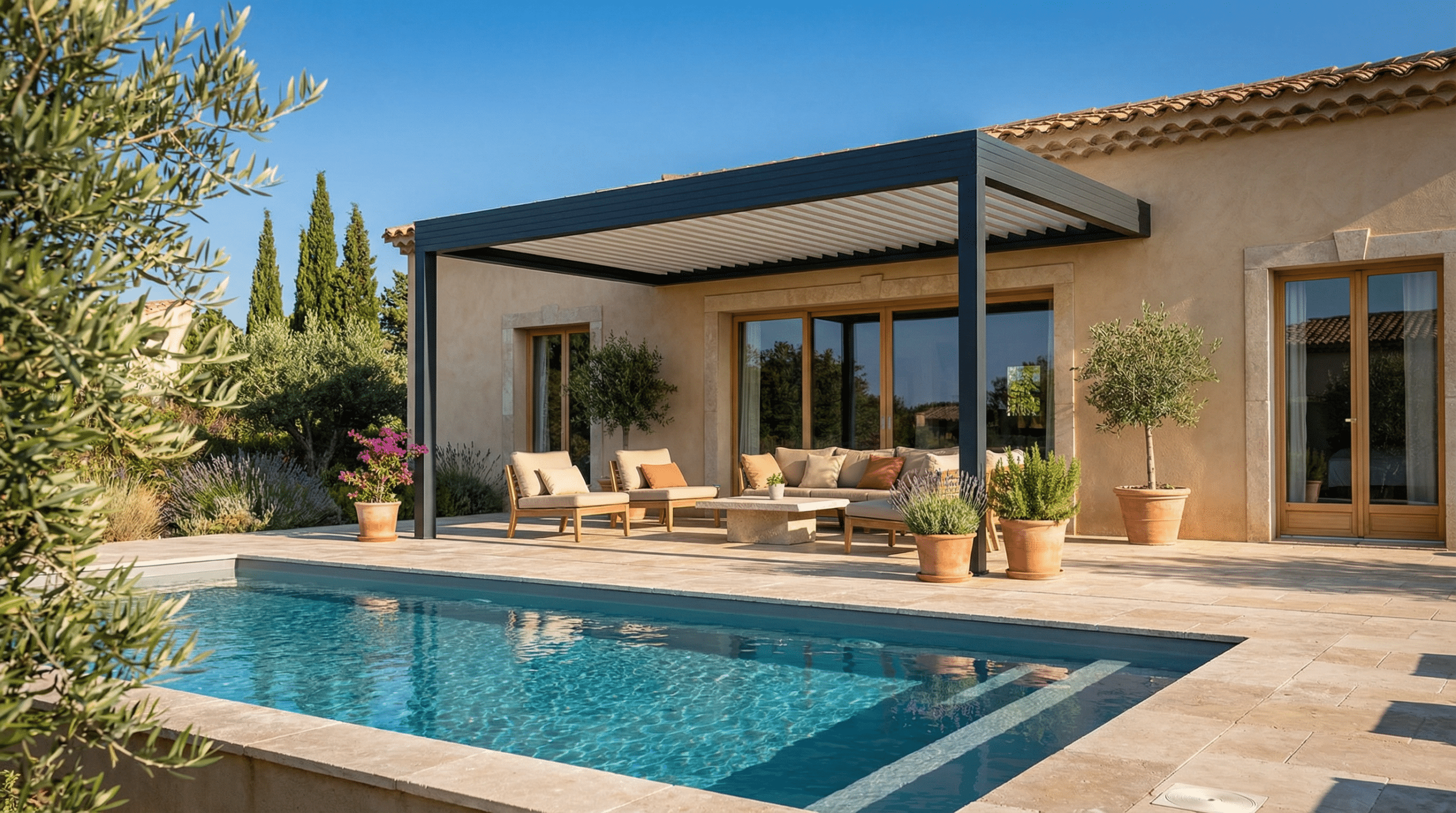 Pergola bioclimatique aluminium adossÃ©e Ã  une villa mÃ©diterranÃ©enne avec piscine dans le Var