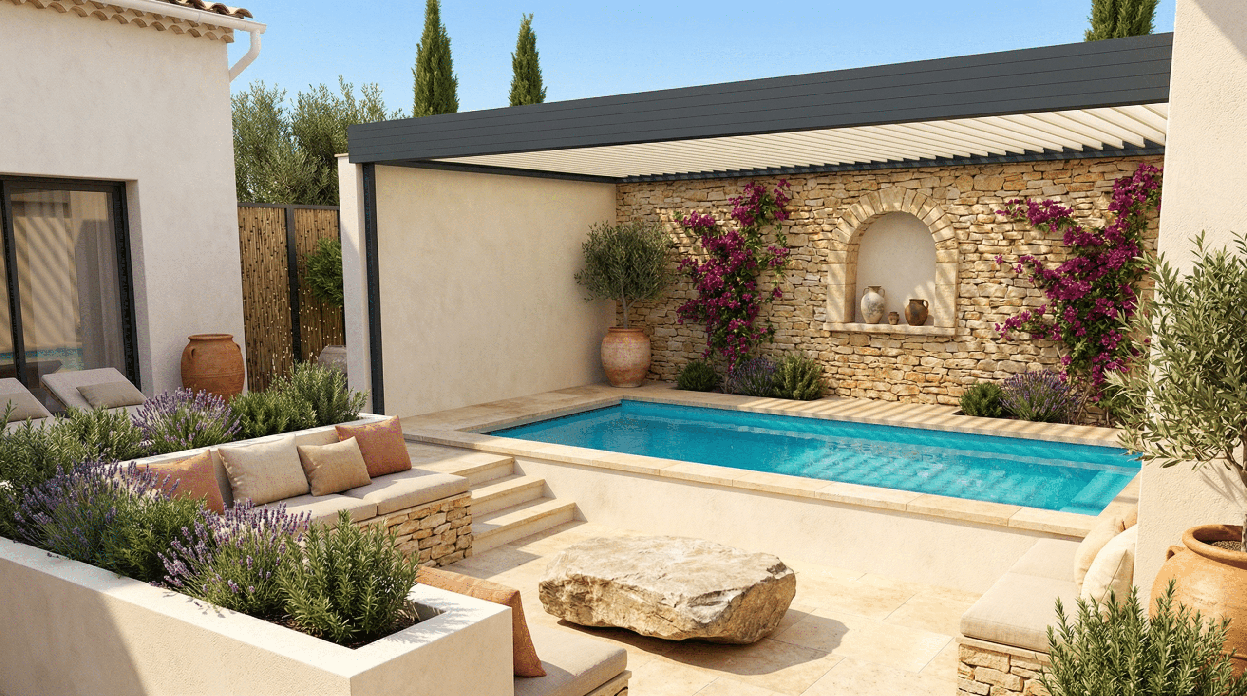 Pergola bioclimatique sur terrasse mÃ©diterranÃ©enne avec piscine et vÃ©gÃ©tation provenÃ§ale dans le Var